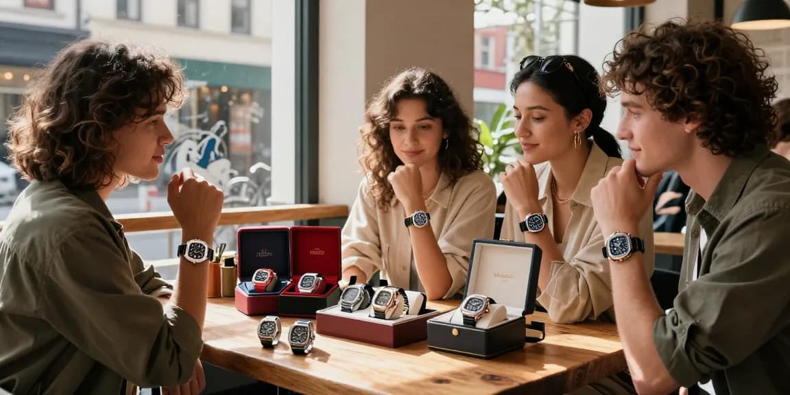 Friends showcasing their favorite clone watches at a trendy café, discussing luxury details and craftsmanship.
