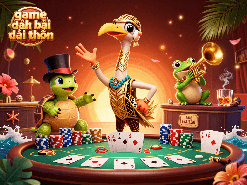 Engage in game đánh bài đổi thưởng at a vibrant speakeasy with dynamic characters and colorful casino elements.