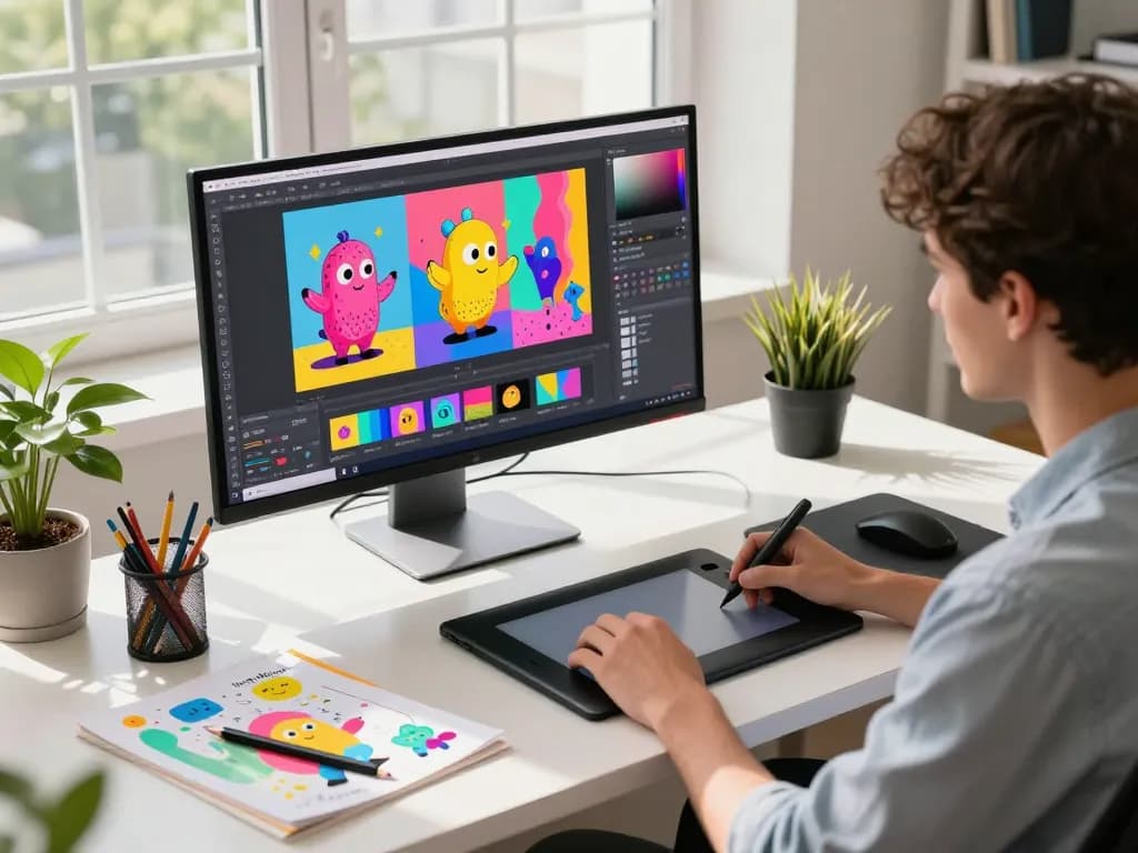 Designer using nano banana flash for vibrant AI image editing in a modern workspace.