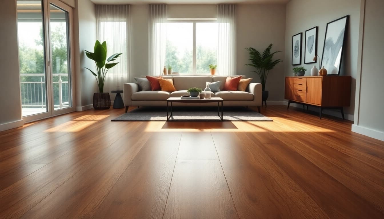 Showcasing waterproof vinyl flooring in a modern living room with warm walnut tones and inviting ambiance.
