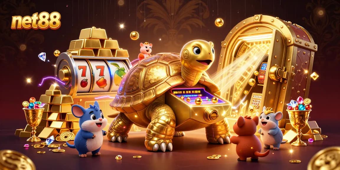 Experience the thrill of net88 with a vibrant 3D casino scene showcasing gold treasures and gaming excitement.