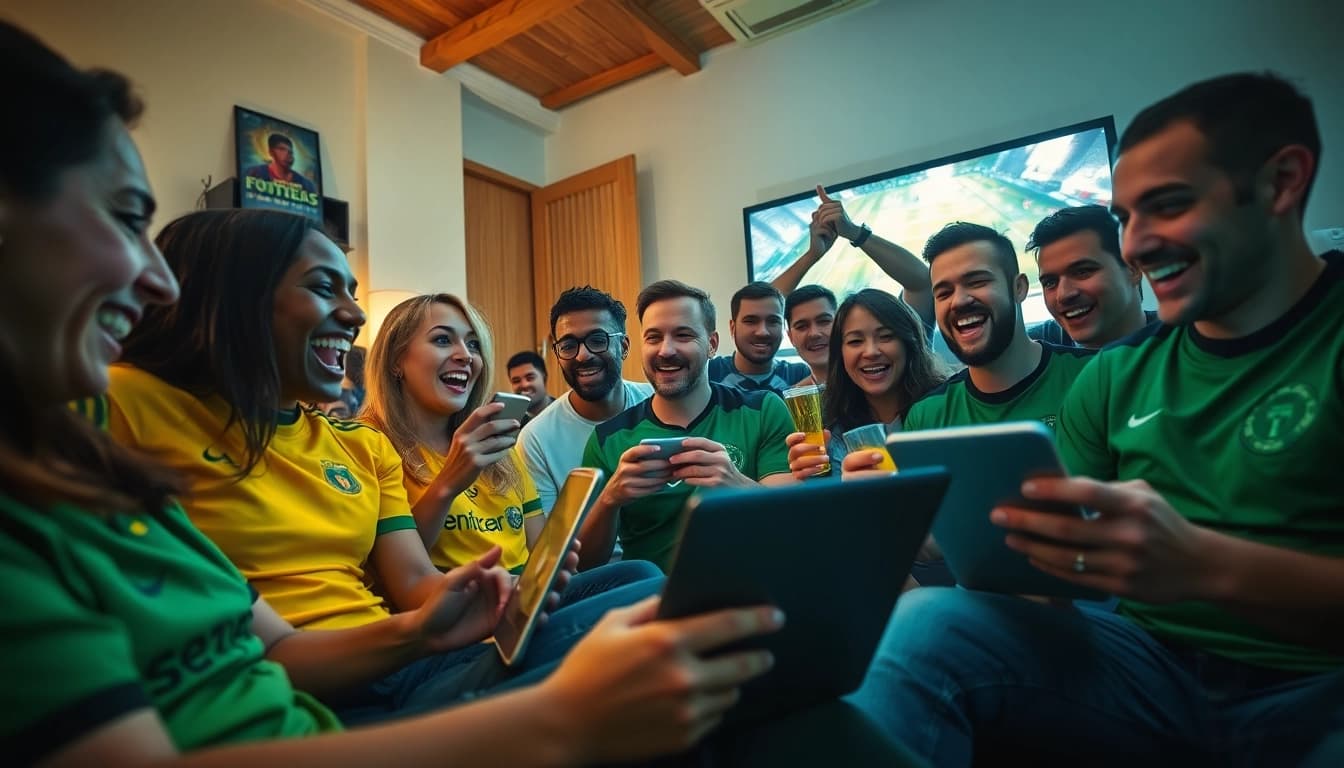 Fans engaging with joemadfan.com while watching live football matches on multiple devices in a vibrant community setting.