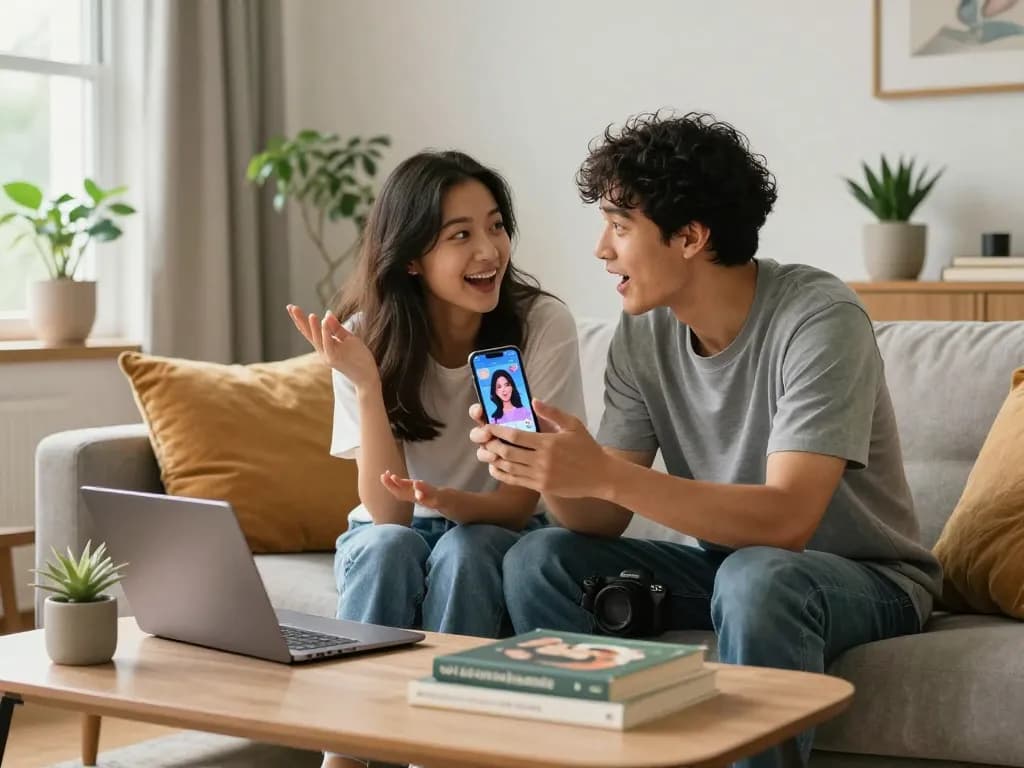 Couple engaging with AI girlfriend app on smartphone in a cozy living room, highlighting modern relationships.