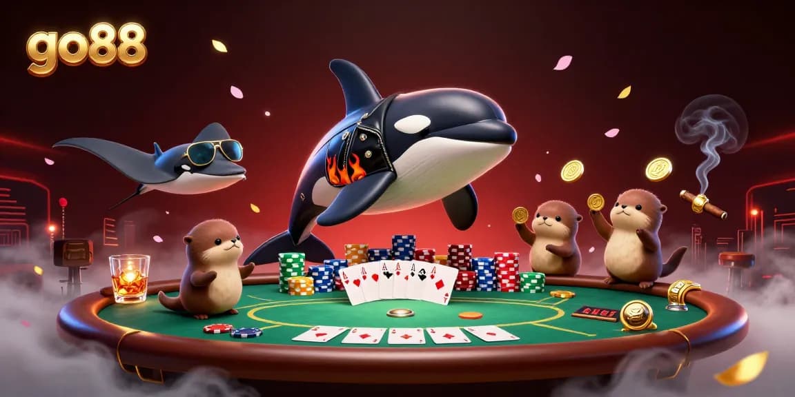 Join the fun at go88 with a lively illustration of poker elements and characters in action.