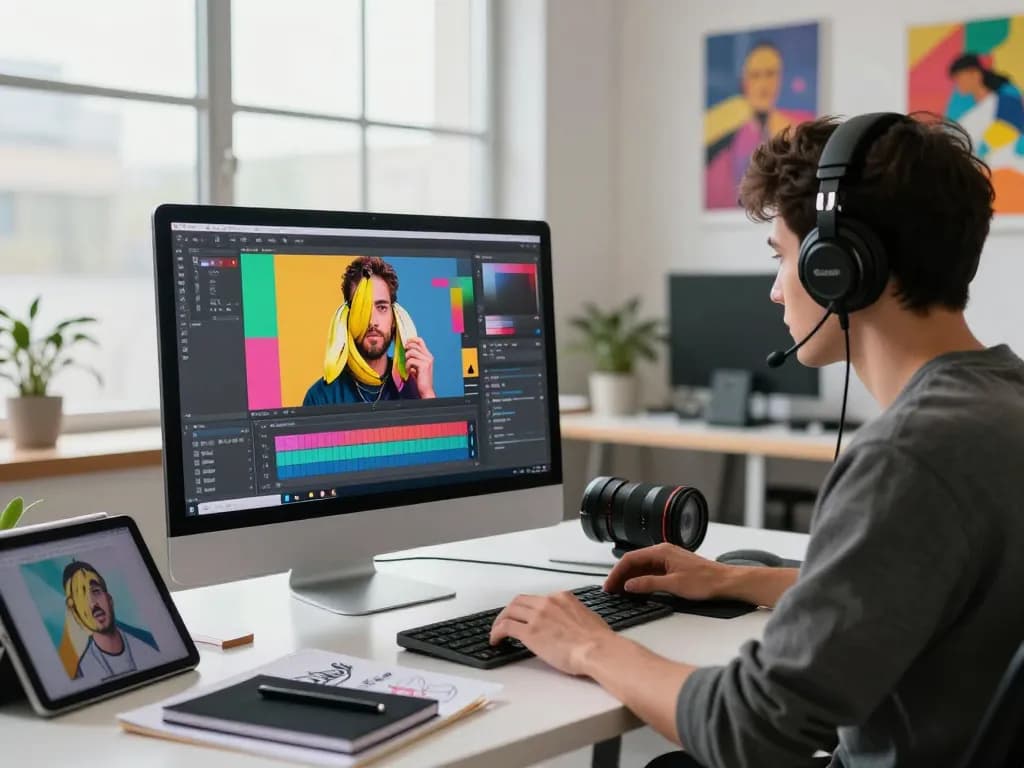 Creative designer using nano banana ai for advanced image editing in a vibrant studio.