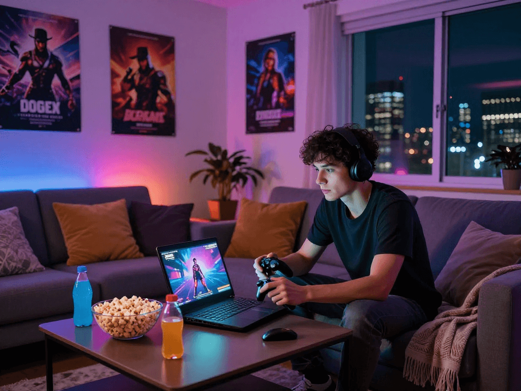 Immerse in porn games vibes with a gamer enjoying adult games in a cozy living room.