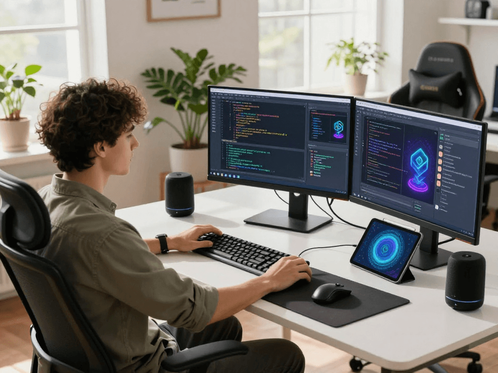 AI developer coding advanced 18+ ai applications in a modern workspace with vibrant tech setup and natural light.