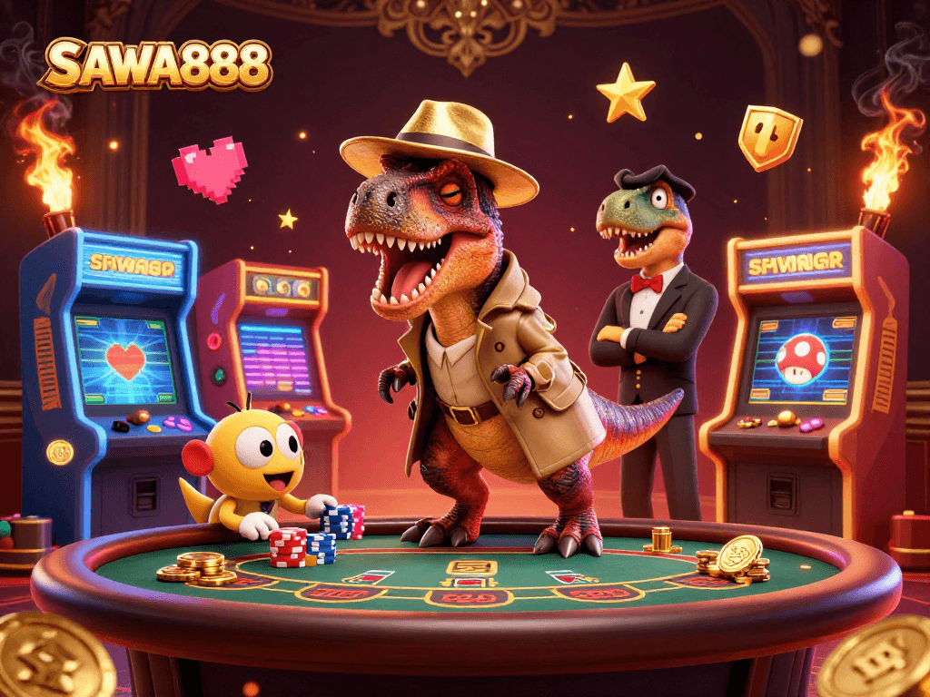 SAWA888 showcases a velociraptor card counter at a blackjack table, enveloped in vibrant gaming atmosphere.