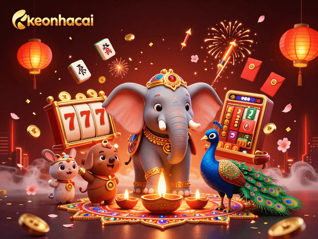 Engage with keonhacai's vibrant 3D casino illustration showcasing dynamic slot elements and festive decor.