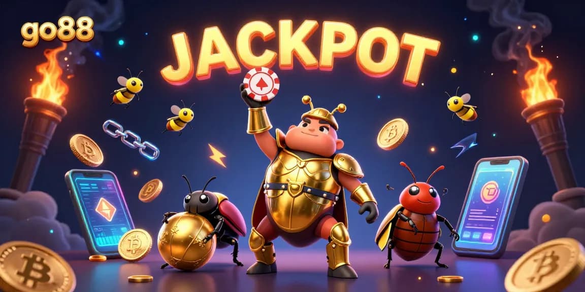 Go88 jackpot celebration with a victorious beetle and crypto elements in a vibrant casino scene.