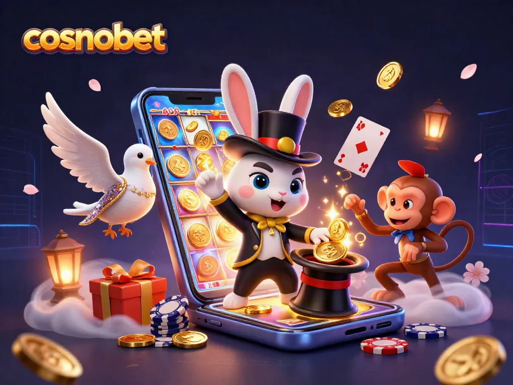 Cosmobet showcases a vibrant 3D casino scene with a magician rabbit, dove, and monkey surrounded by golden treasures.