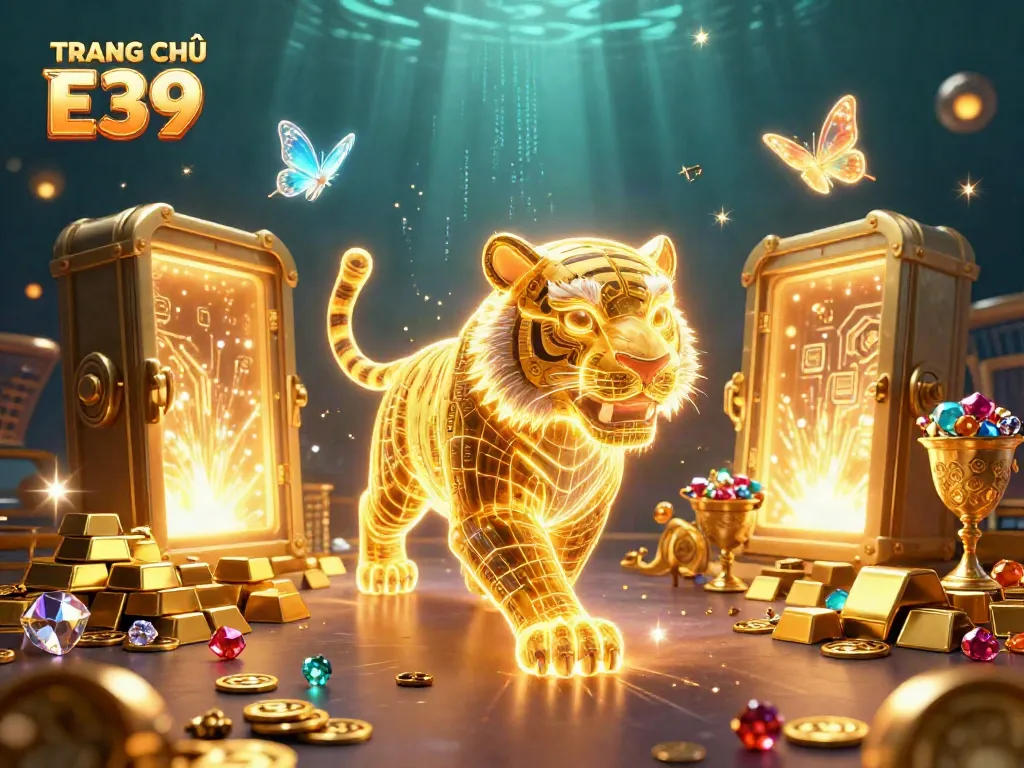 Engage with TRANG CHỦ E39's lively digital casino featuring a glowing tiger and treasure elements.