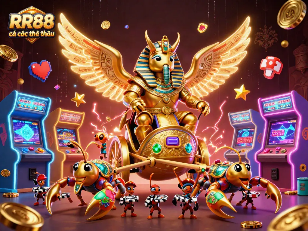 RR88 cá cược thể thao features a dynamic 3D illustration of exciting sports betting action in a vibrant casino set.