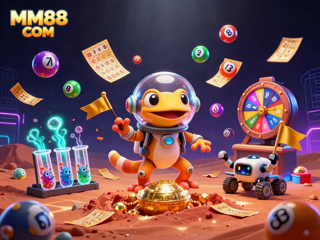 Engage with MM88 COM through vibrant lottery excitement in an alien casino scene.