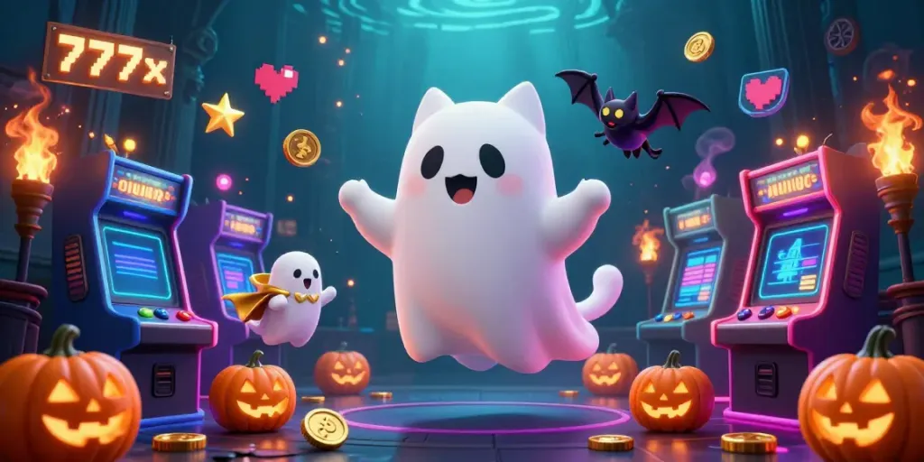 Engage with the vibrant world of gaming at 777x with a ghost cat and vampire bat in a haunted casino.