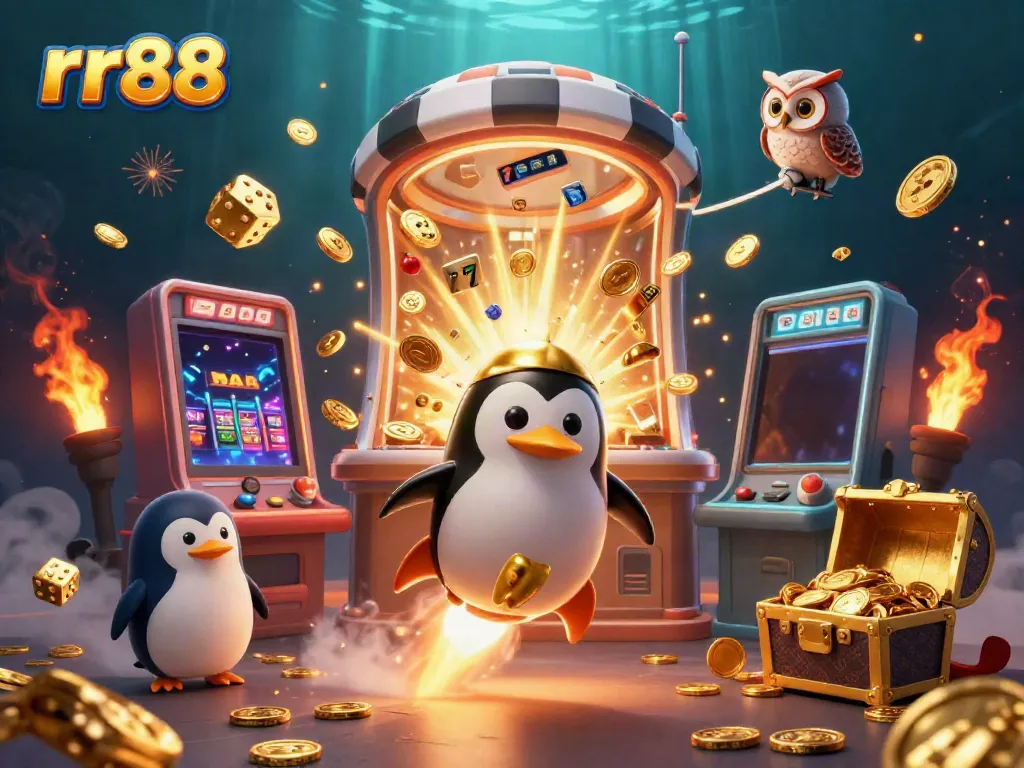 Experience excitement with rr88 as a golden penguin rockets towards a casino space station amidst bursting slot machines and vibrant gaming elements.