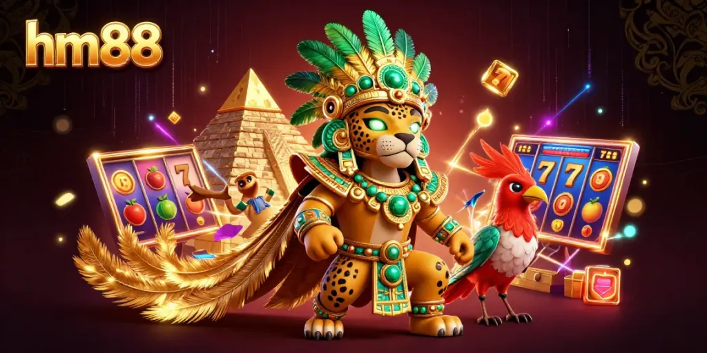 Experience thrilling gameplay at hm88 with vibrant slot reels and captivating Mayan-themed imagery.