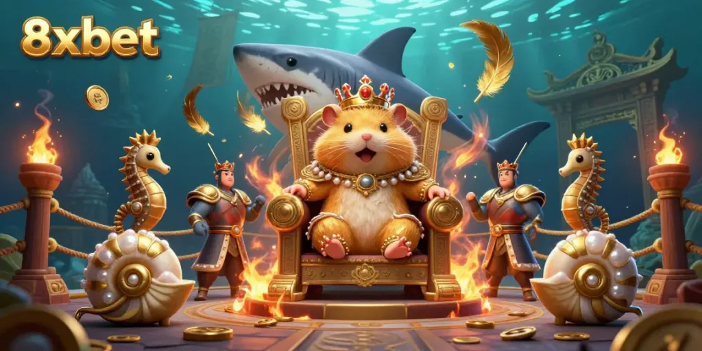 Experience thrilling action at 8xbet with a vibrant underwater kingdom led by a golden hamster king and seahorse guards.