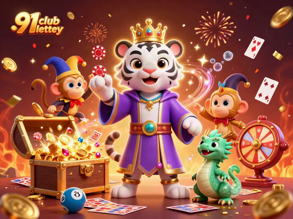 Experience the thrill of 91 club lottery with a lively illustration featuring a crowned tiger, playful monkey, and festive game elements.