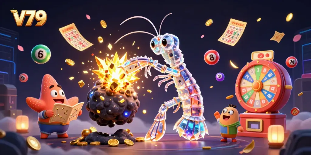 V79 presents an exciting cosmic scene of gaming with vibrant lottery elements highlighting the thrill of wins.
