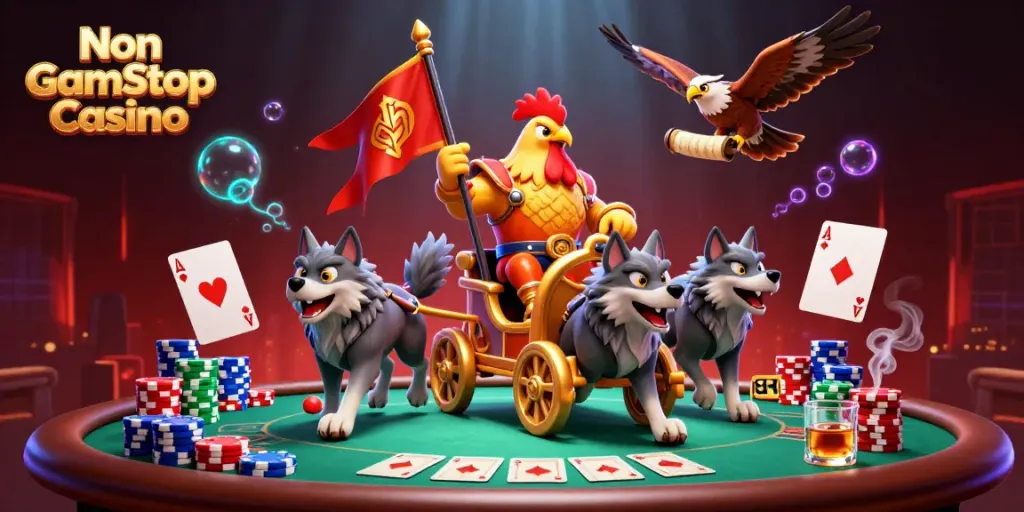Experience the excitement of a Non Gamstop Casino with a thrilling 3D illustration featuring a rooster warlord.