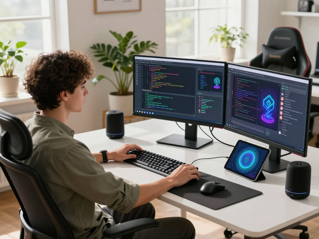 AI developer coding advanced 18+ ai applications in a modern workspace with vibrant tech setup and natural light.