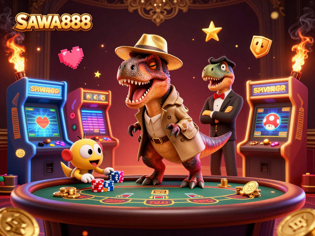 SAWA888 showcases a velociraptor card counter at a blackjack table, enveloped in vibrant gaming atmosphere.