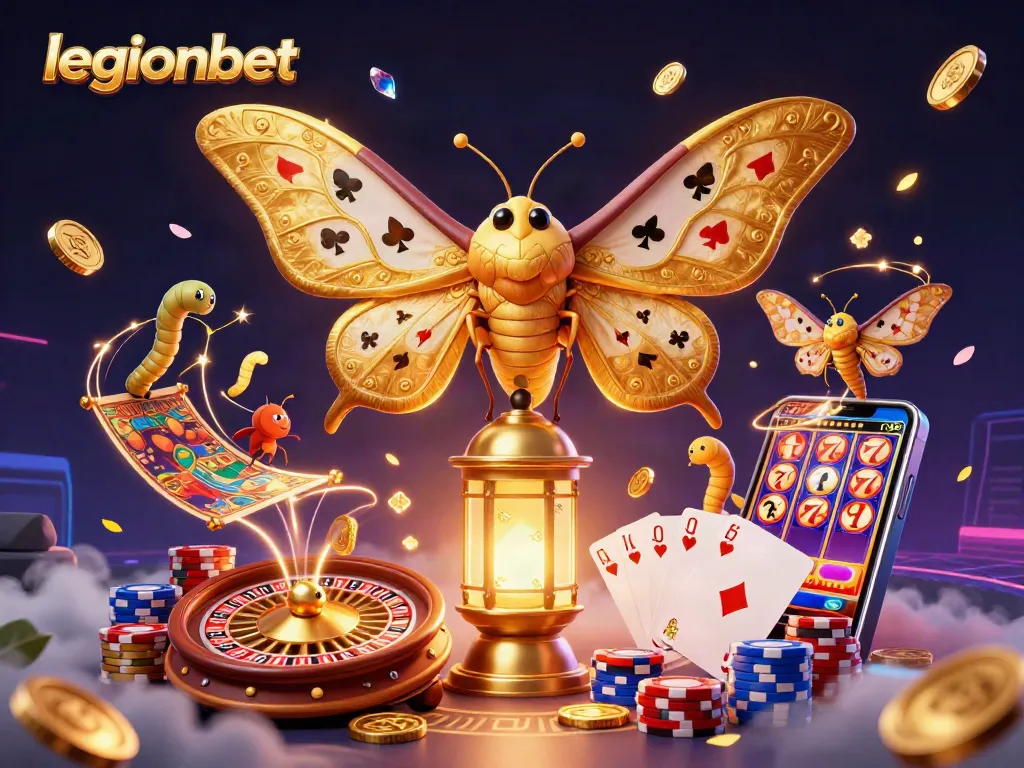 Engage with legionbet's vibrant casino scene featuring an atlas moth and golden casino elements.