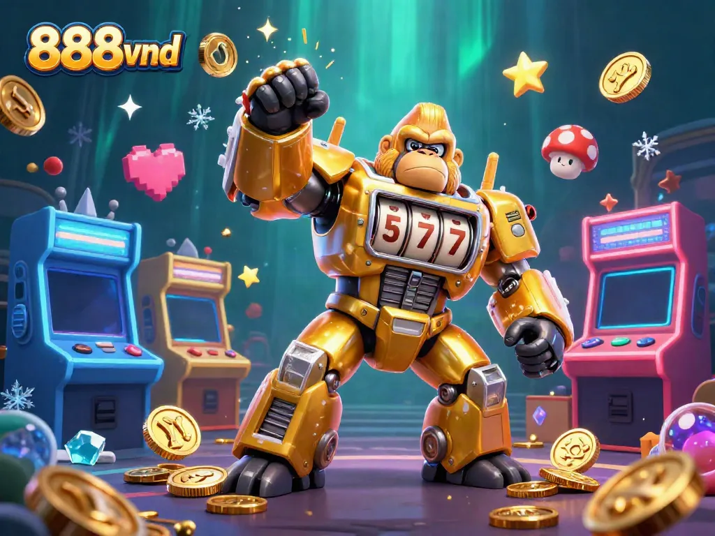 Experience the excitement of 888vnd with a golden gorilla mech and vibrant casino elements.