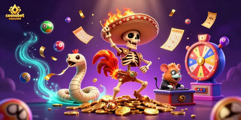 Play exciting games at Cosmobet with a vibrant scene of animated characters celebrating with bonuses and tokens.