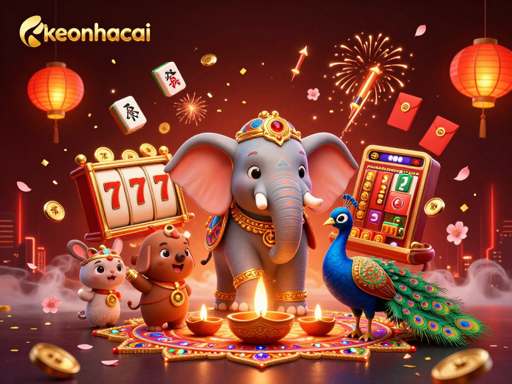 Engage with keonhacai's vibrant 3D casino illustration showcasing dynamic slot elements and festive decor.