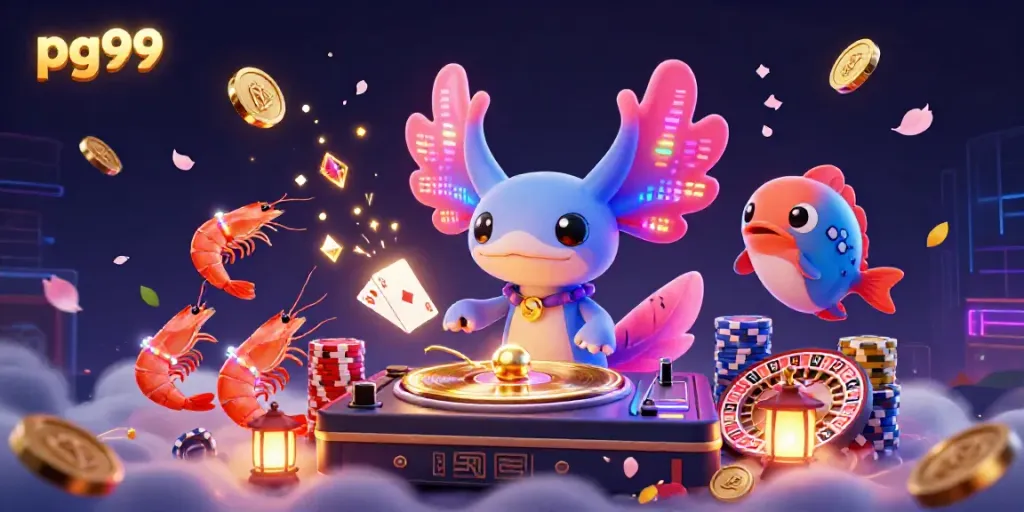 Experience excitement at pg99's vibrant underwater casino with a DJ axolotl, dancing shrimp, and roulette wheel.