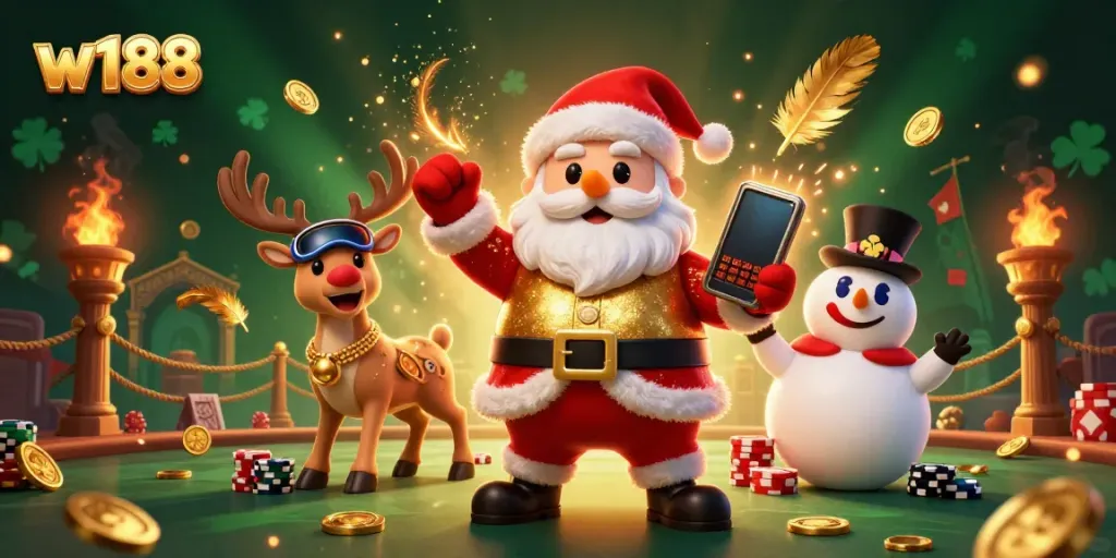 Engage with exciting jackpot slots at w188 featuring Santa, a reindeer dealer, and a poker chip snowman.