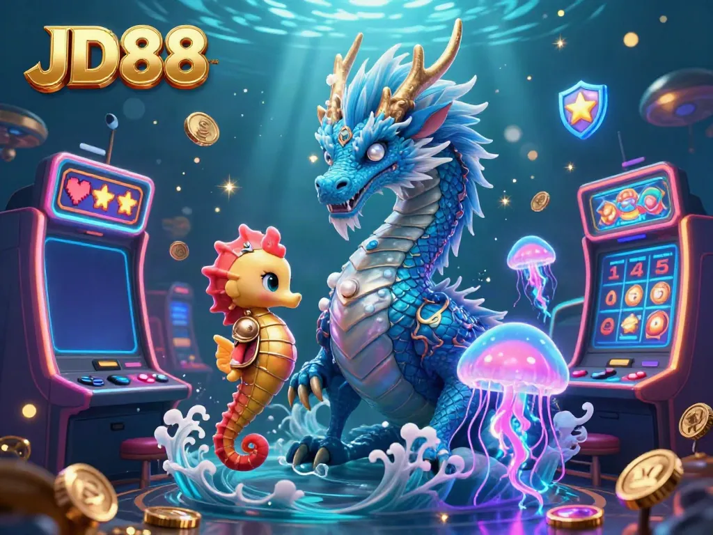 Engage with JD88's vibrant gaming universe featuring a dragon, seahorse, and jellyfish in a 3D casino scene.