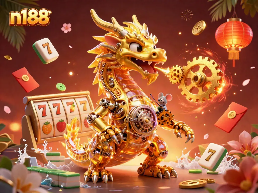 Engage with n188's vibrant scene, featuring a dragon and dynamic slot elements in an exciting casino atmosphere.