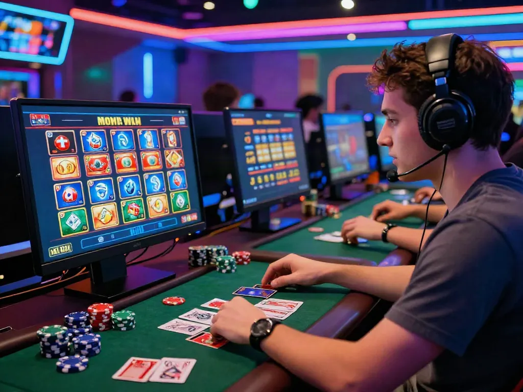 Engaging scene of a player at a credit card casino, surrounded by vibrant gaming elements.