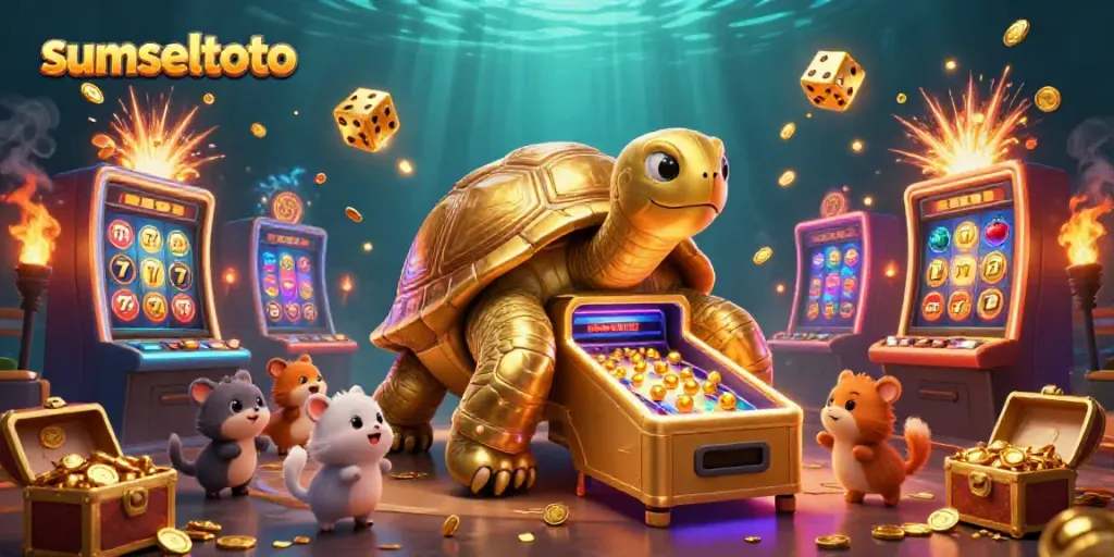 Sumseltoto casino scene with a golden tortoise pinball machine and excited animals playing amid jackpot explosions.