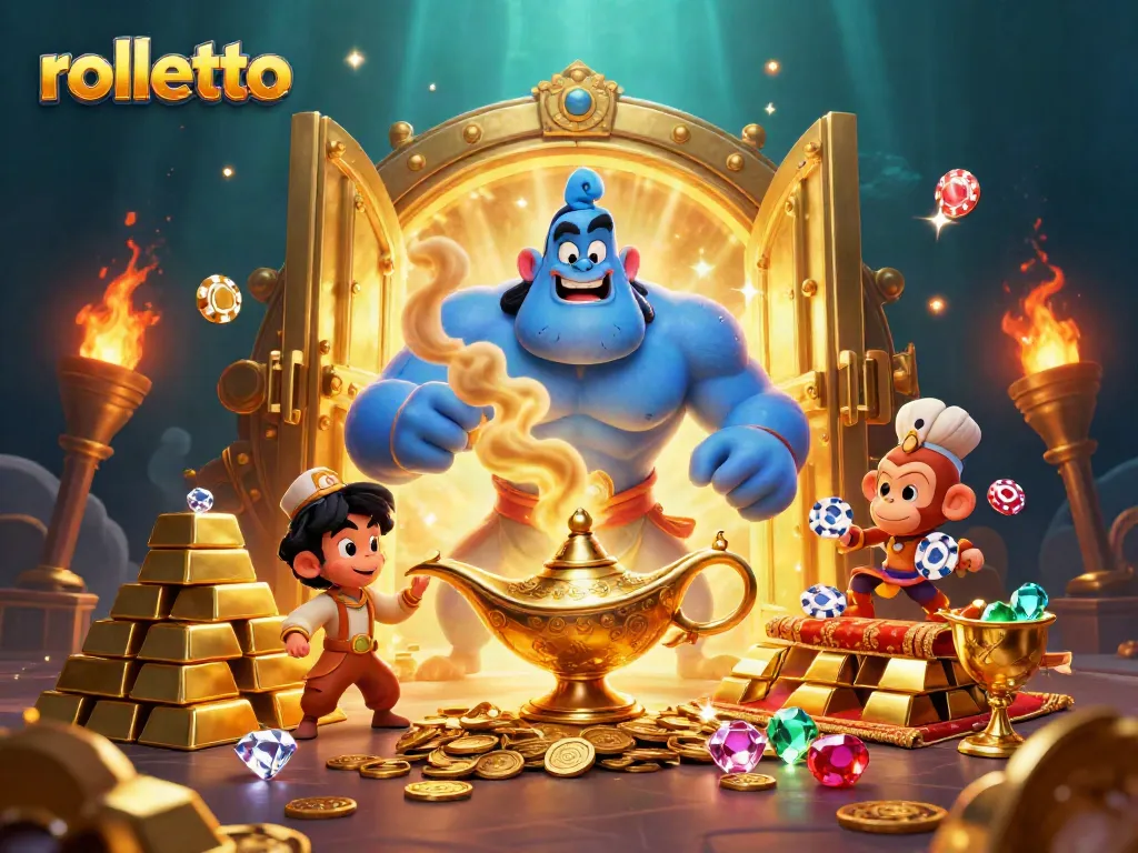 Engage with rolletto's vibrant gaming scene featuring a whimsical genie and treasure elements.