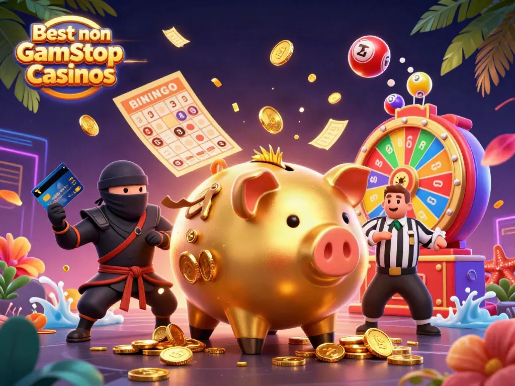 Experience the excitement of the Best non Gamstop Casinos with our dynamic 3D illustration featuring vibrant gambling elements.