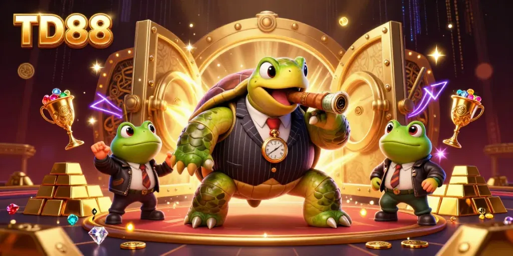 Engage in thrilling TD88 action with a charming turtle and bullfrog enforcers amid a sparkling casino.