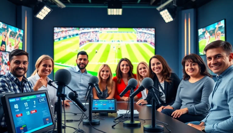 Engaging sports broadcasting team in a bright studio discussing live games.