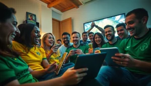 Fans engaging with joemadfan.com while watching live football matches on multiple devices in a vibrant community setting.