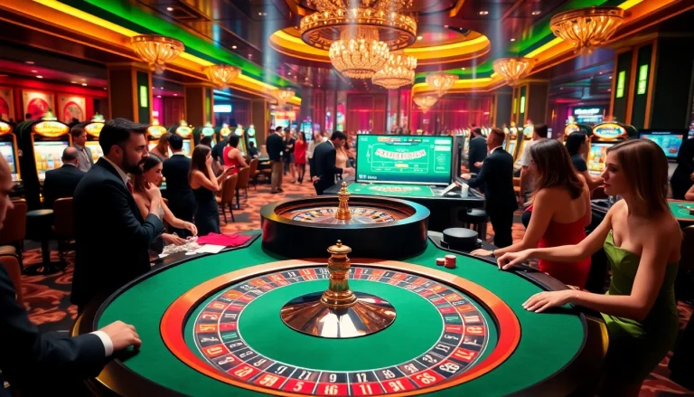 Capture an engaging casino atmosphere with players betting at c54.gb.net's roulette table, showcasing excitement and luxury.
