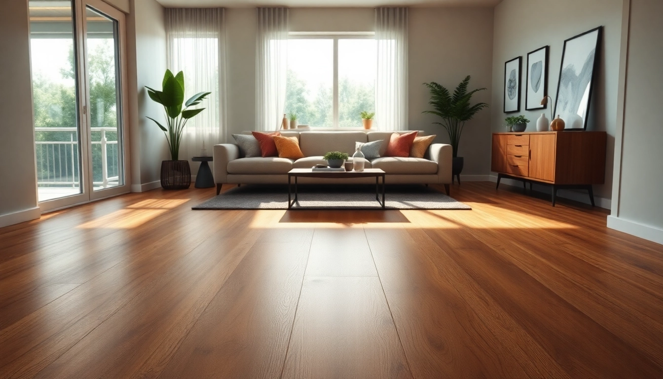 Showcasing waterproof vinyl flooring in a modern living room with warm walnut tones and inviting ambiance.