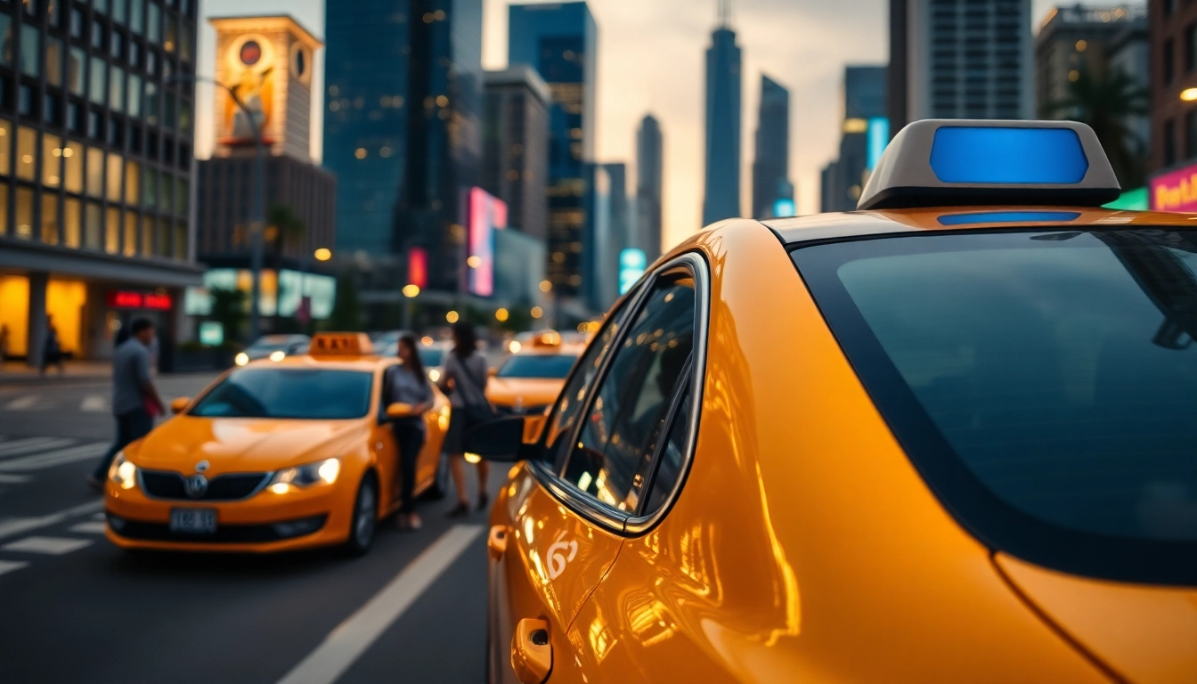 Taxis navigating a busy urban street with passengers boarding and vibrant city lights.