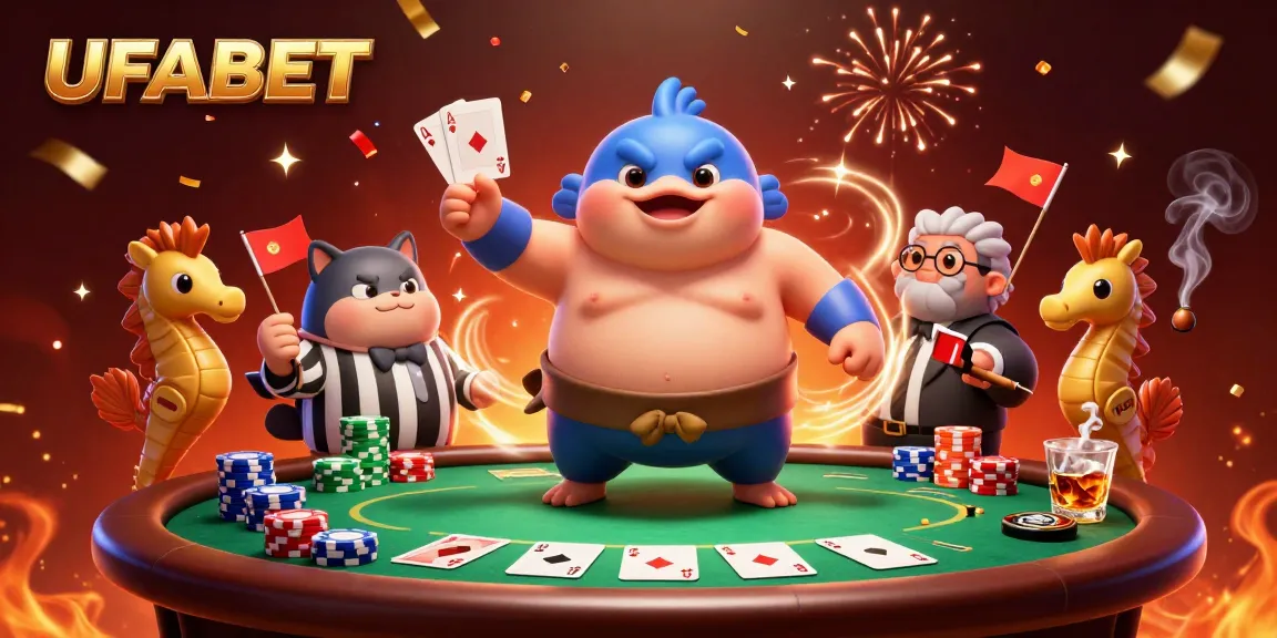 Join the exciting action at UFABET with a playfully animated fugu and poker elements in a vibrant casino scene!