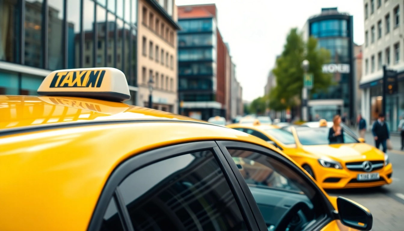 Book reliable taxi services in Woking with a vibrant yellow cab featured in a busy urban setting.
