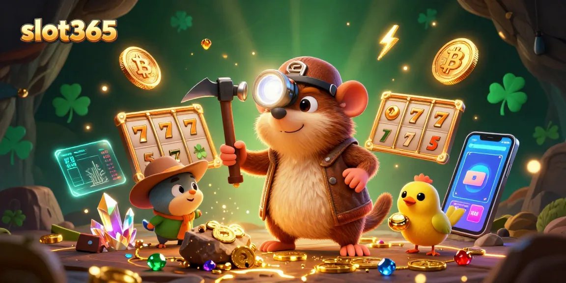 Experience thrilling gameplay with slot365, featuring a vibrant scene of a treasure hunting mole among slot reels and cryptocurrency elements.