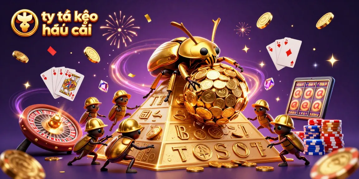 Experience tỷ lệ kèo nhà cái with a dynamic scene featuring golden beetles and casino symbols.