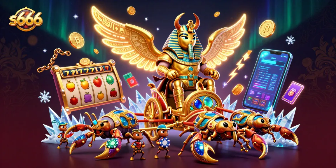 Experience the excitement of s666 with a golden scarab beetle chariot amid vibrant casino elements.